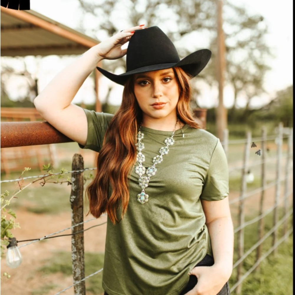 Two2Fly Western Swanky Leather Lux Olive Green T-shirt Tee